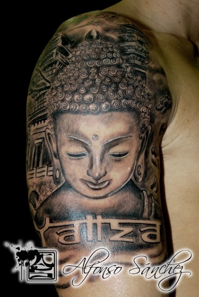 Black and White Buddha Shoulder Tattoo